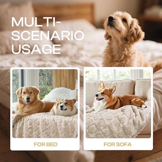Luciphia Waterproof Dog Blanket for Medium Large Dogs Washable Bed Couch Protector Soft Fluffy 3D Heart Jacquard Pet Blanket with Sherpa Fleece Cozy Calming Throw Blankets, Beige 85x57 inch