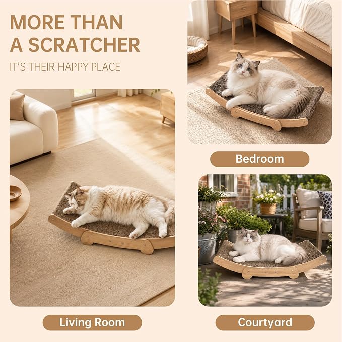 Curved Cat Scratcher Lounge Cat Scratching Board Bed, Natural Cardboard Cat Scratcher Sofa with Wooden Base, Comfortable Resting & Playing Scratching Pad for Indoor Cats