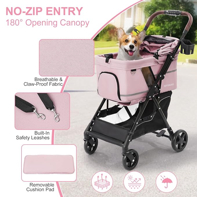 No-Zip Pet Stroller for Small Dogs & Cats, 44 lb, Pink | No-Zip Canopy, 44 lb Capacity, Reflective Trim, 2 Tethers, Lockable Front Wheels, Rear Brake and One-Hand Fold