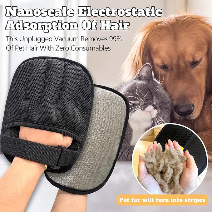Upgraded Pet Hair Removal Gloves for Cats & Dogs, Reusable Five-Finger Static Cleaning Glove with Adjustable Strap, Pet Hair Remover Tool On Clothes, Furniture, Bedroom and Car Interior
