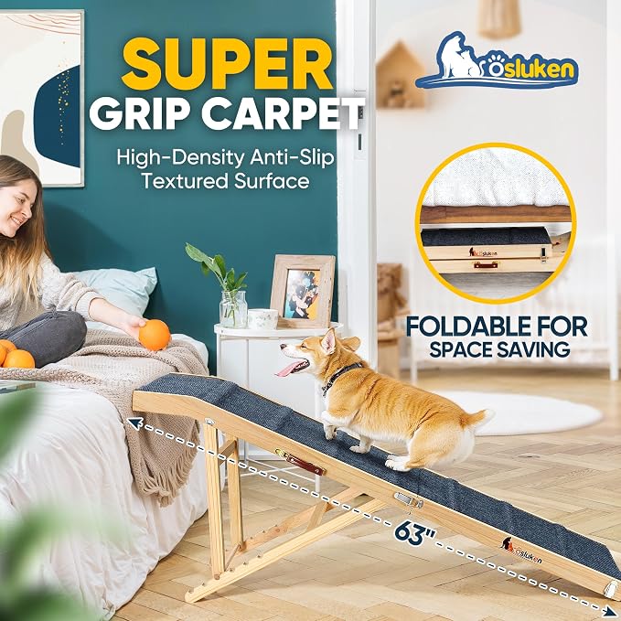 2026 Upgraded Dog Ramp for Bed, 63" Long Foldable Pet Ramp for Small Large Dogs, Dog Ramps for High Beds Car, High Traction with Platform 6 Adjustable Heights 24" to 30" Up to 220LBS, Wood