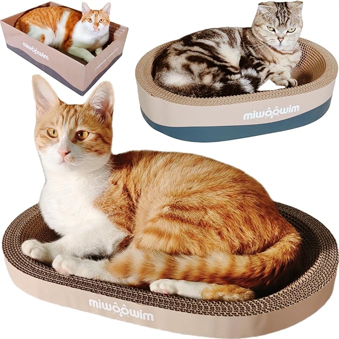 miwoowim 3-Piece Cat Scratcher Set, Oval Bowl Nest for Indoor Cats | 2 oval bed &1 box for scratching & lounging,Durable round corrugated cardboard pad & catnip toy.Furniture protector for couch