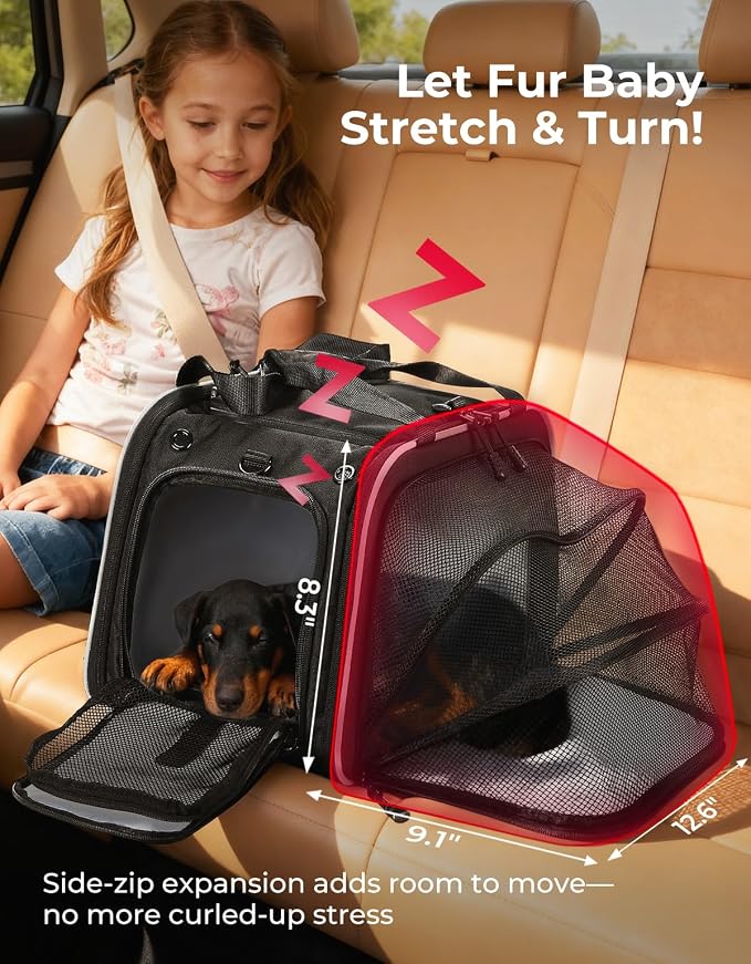 KEMIMOTO Motorcycle Dog Carrier Expandable for Small Dog & Cats Under 17lbs, Fit for Motorcycle Luggage Rack or Passenger Seat, Airline Approved Pet Carrier with Shoulder Strap, Folding & Portable