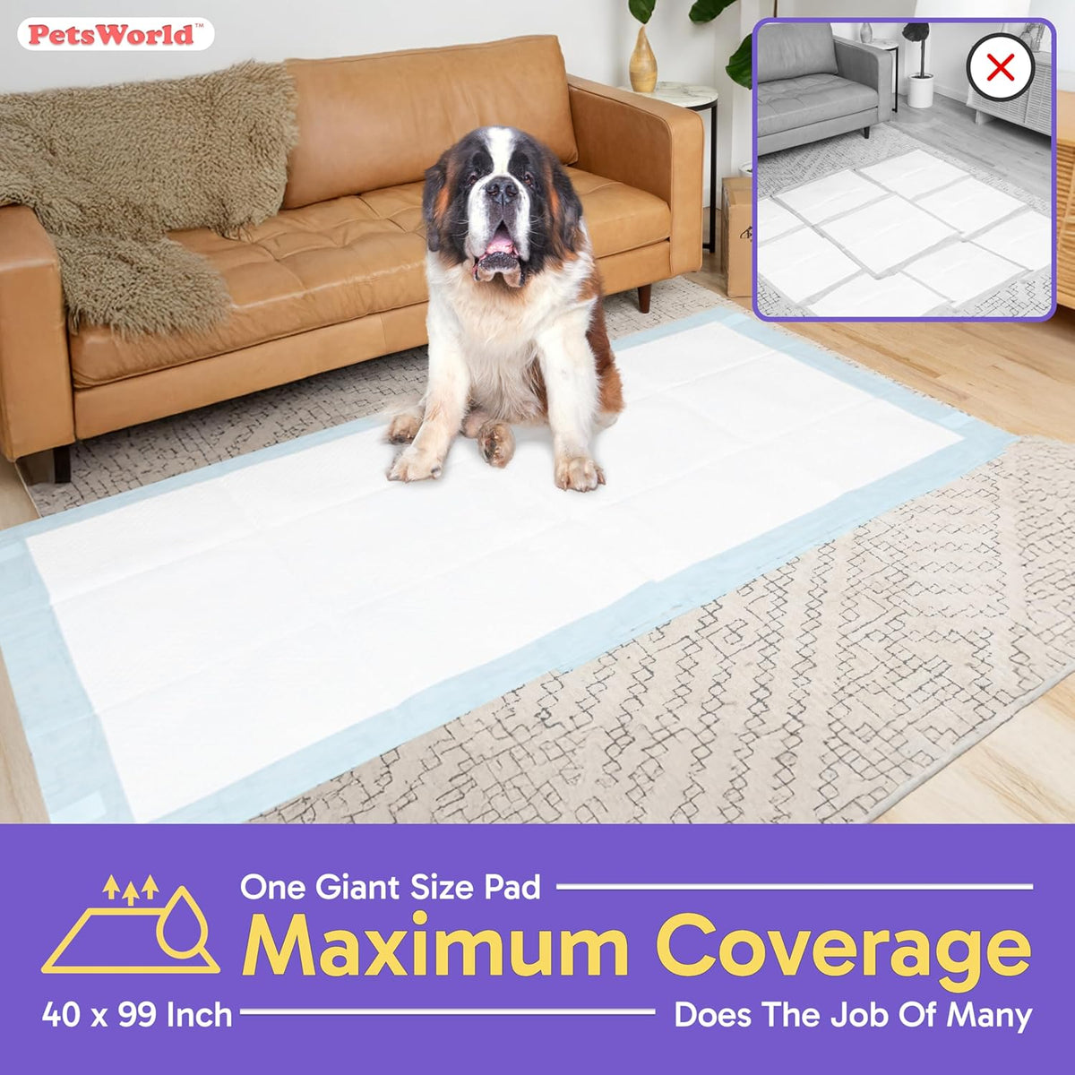 PETSWORLD Mega-Sized Dog Pee Pads (40" x 99") – 4XL Gigantic Pet Piddle Pads for Puppy Training, Incontinence – with Adhesive Sticky Tape – Leak Proof, 5-Layer Protection (40 Count)