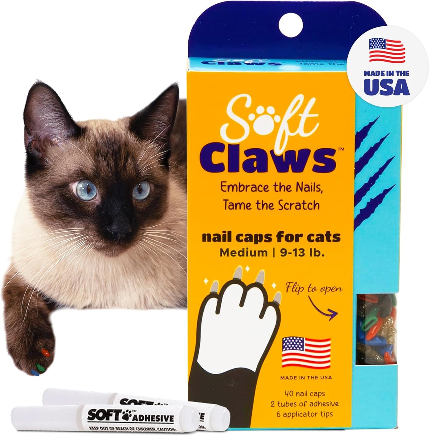 Soft Claws Cat Nail Caps for Medium Cats – (40 Caps, The Games) - Made in USA - Veterinarian-Developed | Protects Furniture & Skin - Easy to Apply, Long-Lasting Anti-Scratch Soft Cat Claw Covers