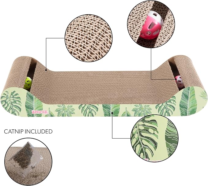 Rini 23.75" Modern Cardboard Cat Scratcher Lounge Bed with Built-in Bell Toys and Catnip, Ergonomic Curved Sofa Design, Mint/Green Leaf Pattern, Set of 2 CSR1003E-SET2