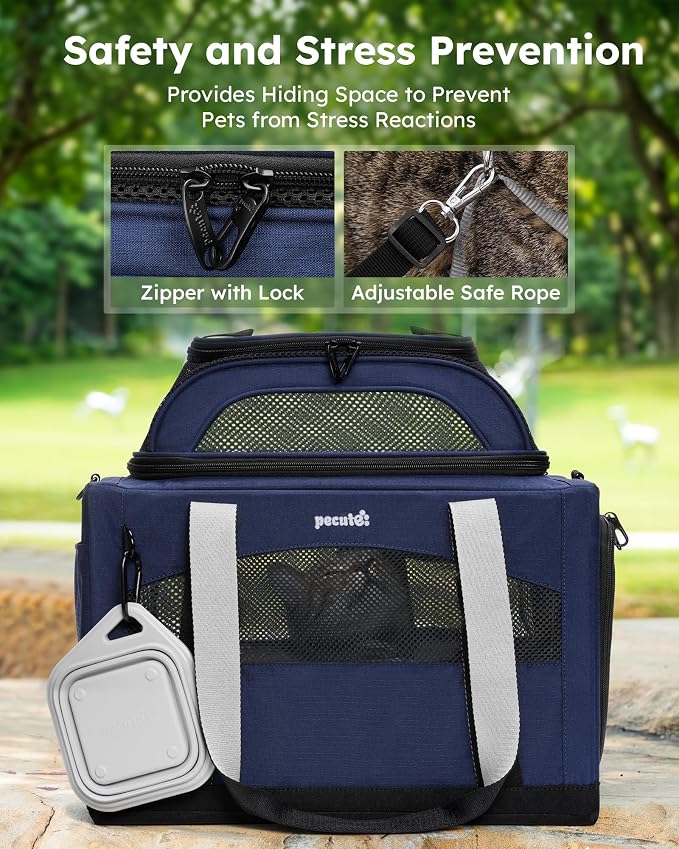 Pecute Top Expandable Cat Carrier Sturdy Pet Bag with 5mm Anti-Collapse Steel Frame, Soft Dog Carrier for Car Travel Vet Visits Outdoor Hammock,Foldable Travel Crate with Leakproof Pee Pad & Bowl,Blue