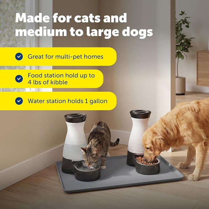 PetSafe Healthy Pet Food and Water Station with Waterproof Silicone Mat - Automatic Gravity Food and Water Dispenser for Cats and Dogs - BPA-Free Reservoir - Removable Stainless Steel Bowl - Medium