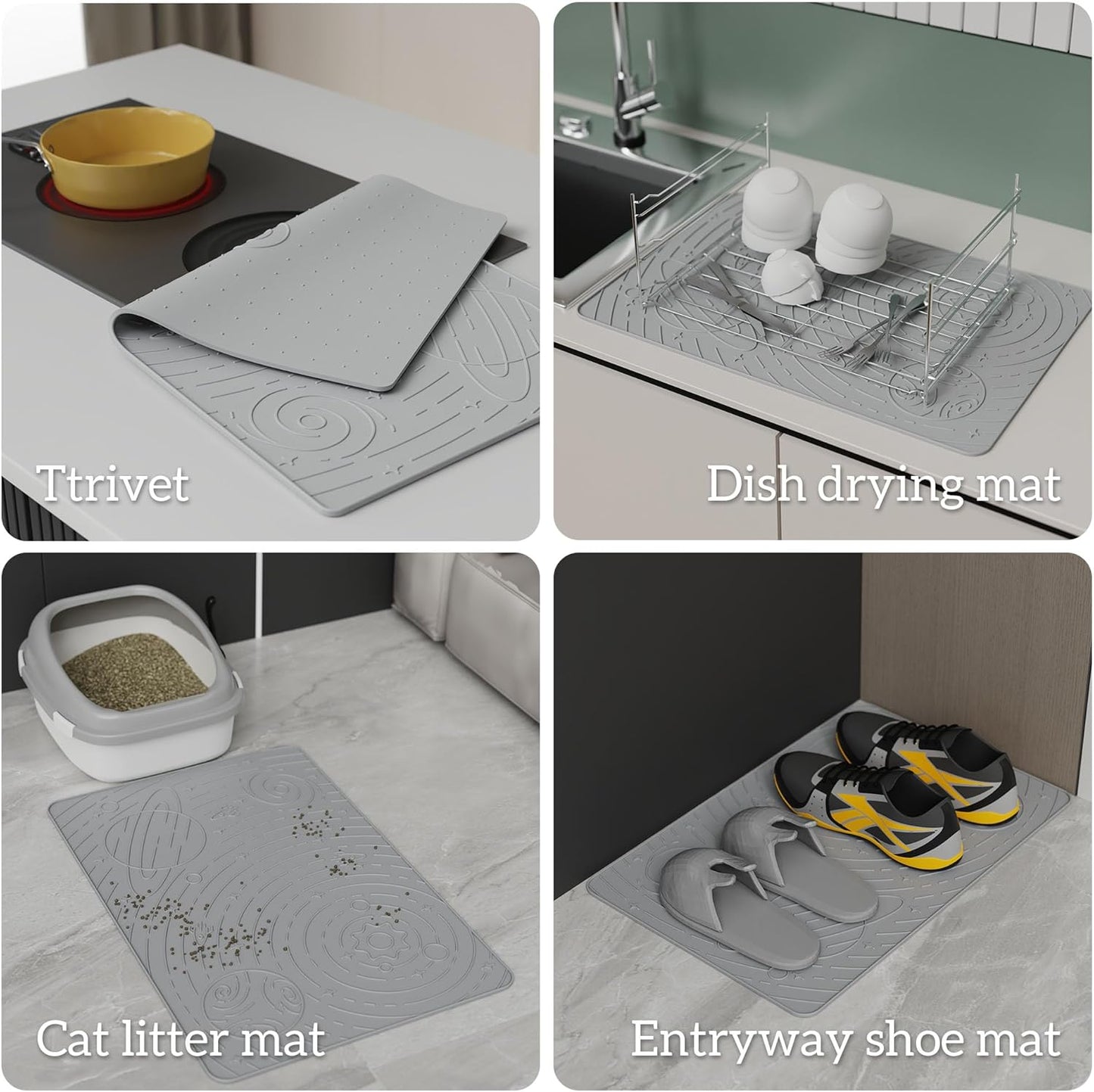 OHMO Dog Food Mat, Silicone Waterproof Cat Food Mat, Non-Skid Spill Proof Pet Feeding Mat for Food and Water, Easy to Clean Dog Placemat(Ash, 18.9" x 11.8")