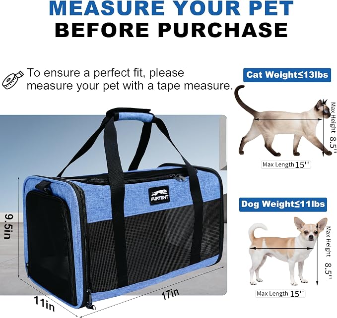 Pet Carrier Airline Approved, Soft Sided Cat Carrier for Small Pets up to 13 lbs, TSA Approved Dog Travel Bag, Portable Soft Sided Pet Carrier for Kittens and Puppies (Blue, Folding Bowl)