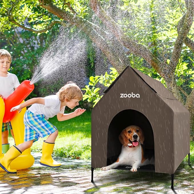 Zooba 29in Medium Dog House Outdoor, Elevated Dog Bed with Canopy, Brown | Weather-resistant 600D PVC canopy, breathable 2x1 Textilene elevated bed, steel frame; indoor or outdoor; easy to clean