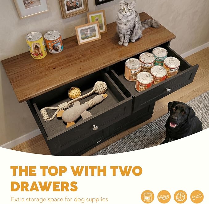 39.7’’W Dog Feeding Station, Tilt-Out Dog Food Cabinet for Multi-Pets, Pet Feeder Station with 4 Feeding Bowls, Dog & Cat Storage Organizer with Hanging Rod, (Black, Dual Doors)