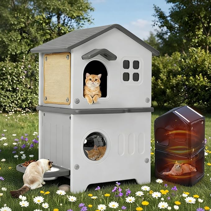 Outdoor Cat House with Liner, 100% Insulated Cat Houses for Winter Outside | 2 Story Waterproof Cat House for Outdoor Cats, Sturdy Cat Bowls & Scratch Pads, Clean Easily