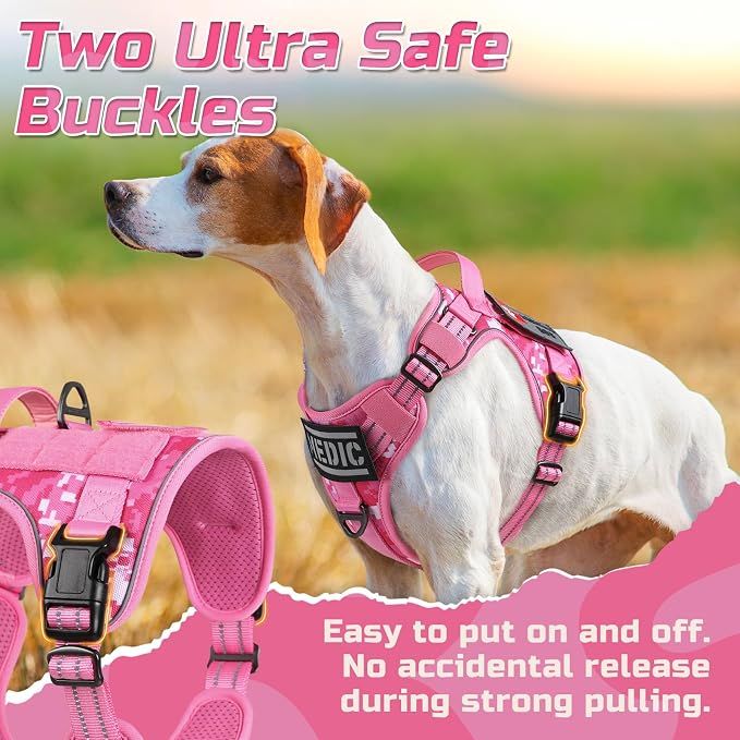 rabbitgoo Tactical Dog Harness for X-Large, No Pull Military Service Vest | Molle & Handle, Heavy Duty, Adjustable, Reflective Straps, Easy Control for Training Walking, Pink camo, X-Large