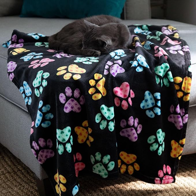 Pet Dog Cat Blanket Ultra Soft Cozy Fleece Paw Print Design Machine Washable Durable for Crates Beds Sofas Travel (Rainbow Paws, Medium)