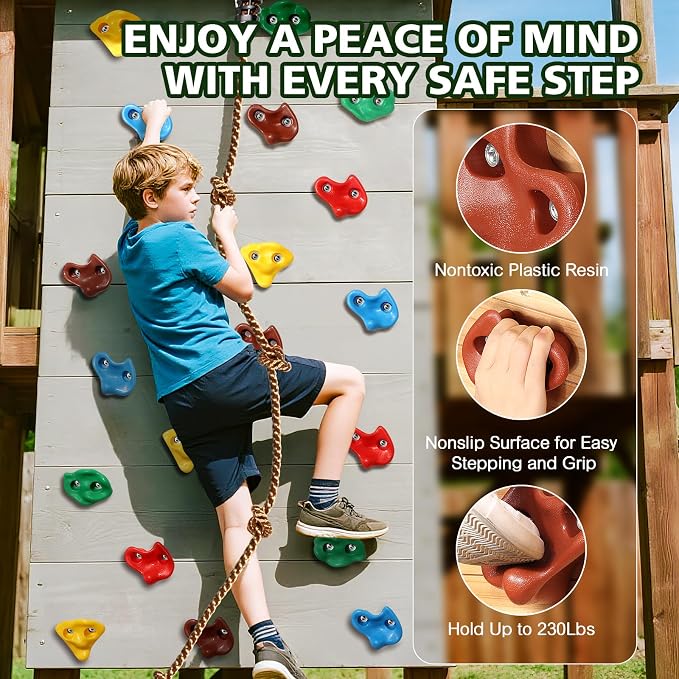 TOPNEW 20 PCS Rock Climbing Holds for Kids, Rock Wall Holds with 6.56 Ft Climbing Rope and 2 Handles, Rock Wall Climbing Kit for Indoor and Outdoor Playset - Includes Mounting Hardware
