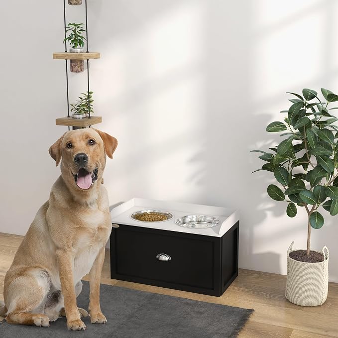 PawHut Dog Feeding Station with Storage Drawer, Elevated Dog Bowls for Large Dogs, White and Black | 2 Removable Elevated Pet Bowls, for Large Sized Breeds