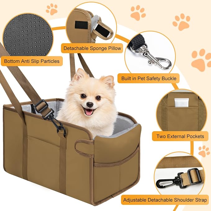 Portable Dog Car Seat for Small Dogs, Puppy Car Seat, Khaki | Booster Seat With Safety Leash & Adjustable Straps Keeps Small Dogs Secure. Removable Washable Cushion. Fits Most Cars.