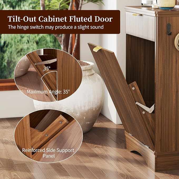 Tilt Out Trash Can Cabinet with Dog Bowl, 10 Gallons Dog Feeding Station with Storage Cabinet, Pet Feeder Cabinet with Hideaway Drawer for Kitchen, Living Room (Tilt-Out Dog Feeding Station-Walnut)