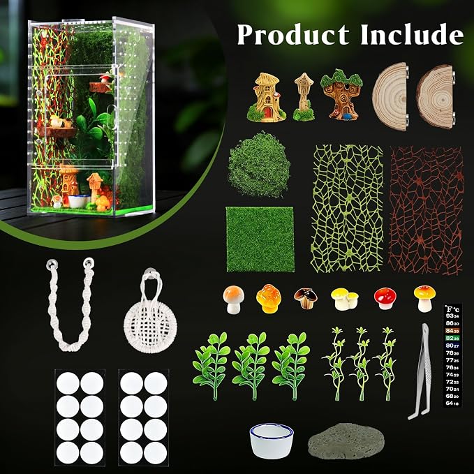 Jumping Spider Enclosure Kit, Small Acrylic Reptile Terrarium with Magnetic Door, Bug Habitat with 30 Pcs Jumping Spider Accessories for Tarantula, Mantis, Small Reptiles, 4" x 4" x 8"