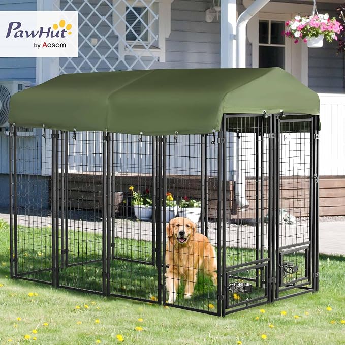 PawHut 8' x 4' x 6' Dog Kennel Outside, Welded Wire Outdoor Dog Kennel Run with 360° Rotating Bowls, Waterproof & UV Resistant Cover, for S&M&L Breeds, Chickens, Ducks, Green | Welded Wire Dog Kennel Outside Run, Waterproof & UV Resistant Cover, for S&...