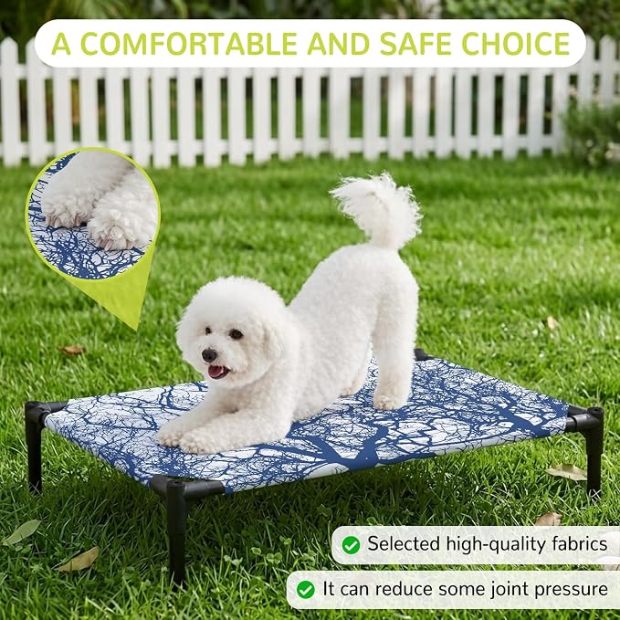 Outdoor Elevated Dog Bed for Medium Dogs, Modern Tree Branches Breathable Cooling Raised Dog Cot for Indoor/Outdoor, Contemporary Sky Blue Botanical Waterproof Elevated Pet Beds, M 24 x 20 in