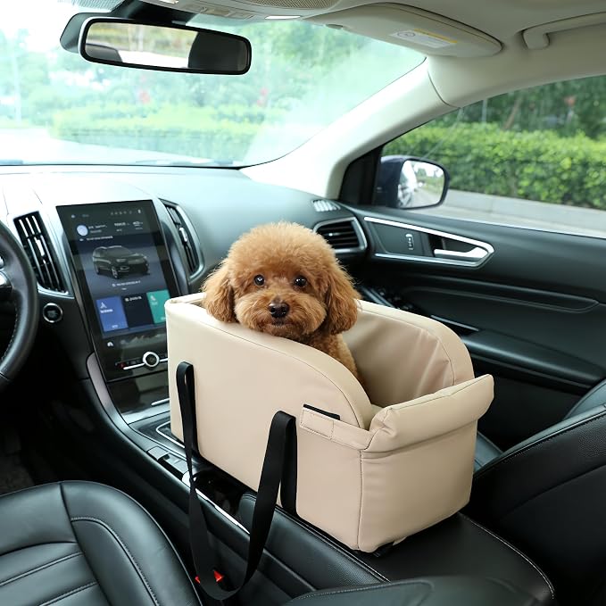 Center Console Dog Car Seat, Waterproof Small Puppy Carrier | Waterproof Faux Leather, for Dogs Under 9 lbs, 2-in-1 Console Dog Car Seat & Carrier, Sturdy Cushioned, Anti-Collapse Walls