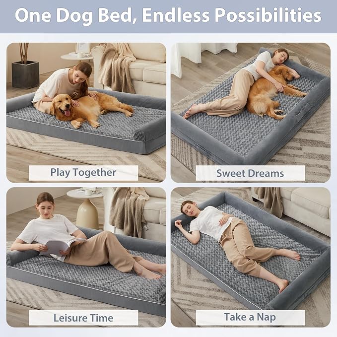 BFPETHOME Orthopedic Washable Human Dog Bed for Adult & Dog Cozy Sleep | Human Size Waterproof Big Soft Pet Couch Bed for Adult & Dogs Relax with Removable Cover Supportive Foam Grey 61x43 Inch