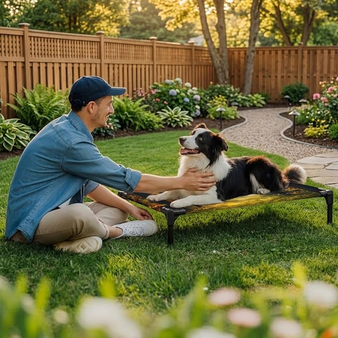 Outdoor Elevated Dog Bed for Large Dogs, Forest Breathable Cooling Raised Dog Cot for Indoor/Outdoor, Sunlight Rustic Trees Orange Green Mystery Waterproof Elevated Pet Beds, L 28 x 22 in
