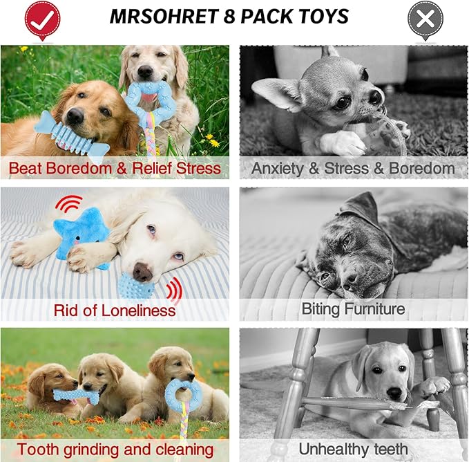 MRSOHRET Puppy Toys, 8 Pack Puppy Chew Toys for Teething, Cute Blue Small Dog Toys Set, Teething Toys for Puppies, Soft Durable Interactive Chew Toy for Small Dogs