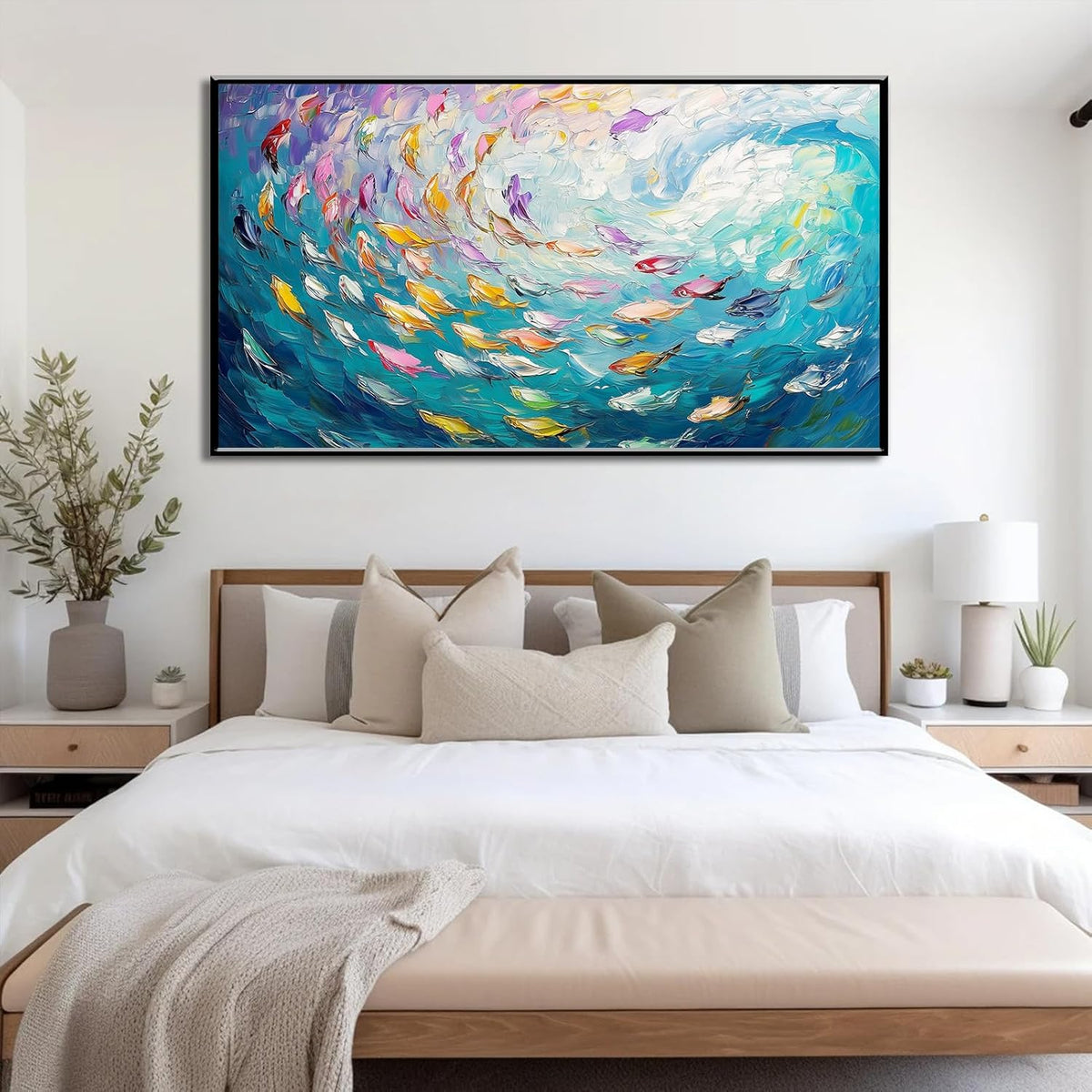 Fish Canvas Wall Art, Abstract School of Fish Canvas Wall Art, School of Fish Painting Canvas, School of Fish Wall Art, Fish Wall Decor, Fish Pictures Wall Decor, Bedroom Canvas Wall Decor (Black Framed, 30"x17" | 76x43cm)
