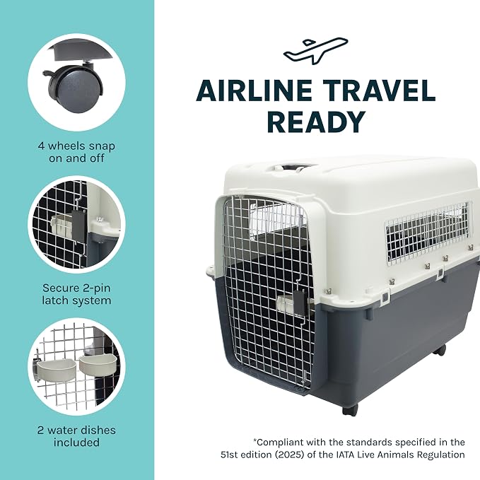 SportPet Airline Compliant XX-LARGE 39" Travel Dog Kennel-Durable Plastic Airline Pet Carrier w/ Removable Wheels & Food Bowls, Collapsible Indoor/Outdoor Dog Kennel, Dogs up to 36"L & 27"H-Cream/Gray