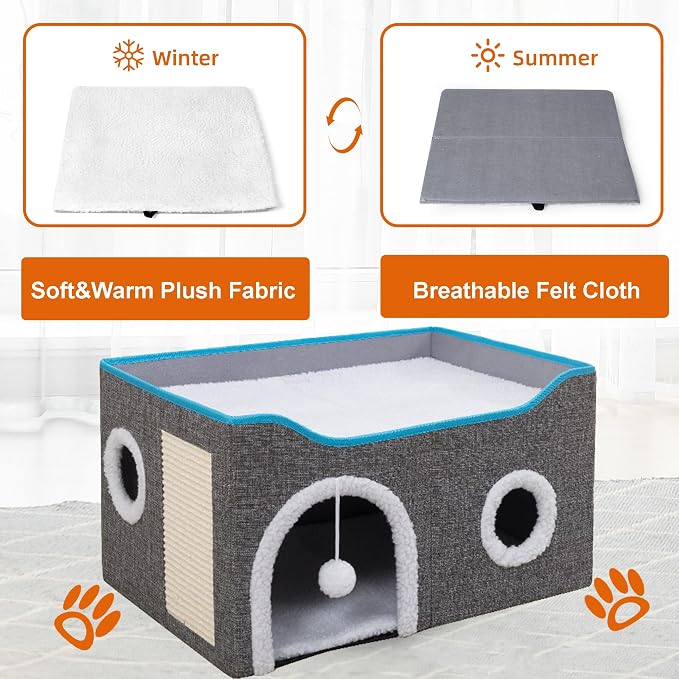 Loyareal Cat Houses for Indoor Cats - Large Cat Bed Cave with Scratch Pad and Fluffy Ball, Foldable Cat Condo Hideaway with Reversible Cushion for Multi Small Pet, Light Grey