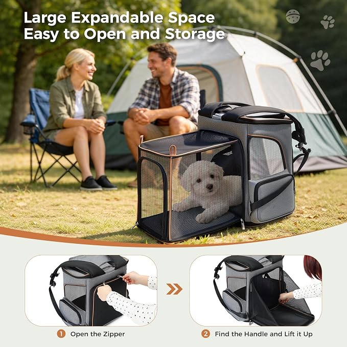 Lekereise Cat Backpack Expandable Pet Carrier Backpack for Small Cats and Dogs, Airline-Approved Foldable Dog Carrier Backpack with Inner Safety Leash, Grey