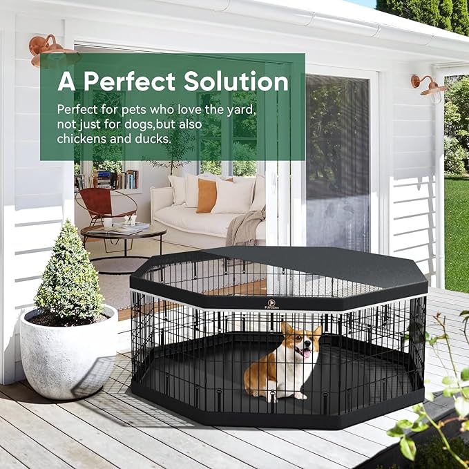 PJYuCien Dog Playpen - Metal Foldable Dog Exercise Pen, Pet Fence Puppy Crate Kennel Indoor Outdoor with 8 Panels 24”H & Top Cover and Bottom Pad for Small Medium Pets