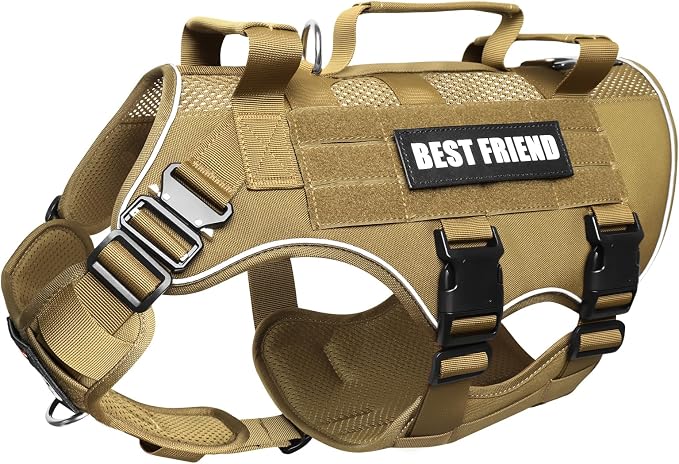 Air Mesh Tactical Dog Harness with Metal Buckles&MOLLE,Brown Medium | Breathable Adjustable No Pull Service Dog Vest with 3 Padded Handles,Military Dog Harness for Training Hiking Hunting Working