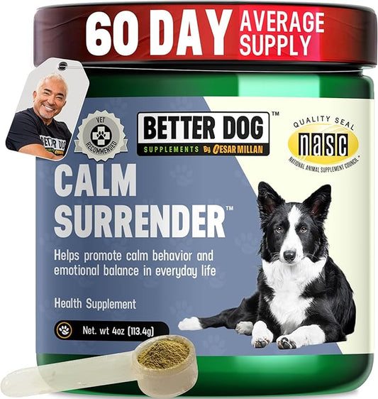 Better Dog Supplements Calm Surrender by Cesar Millan – Natural Dog Calming Powder for Stress, Anxiety, Grooming, Travel & Thunderstorms – Catnip, Chamomile & Valerian – 4oz, (60-Day Supply)