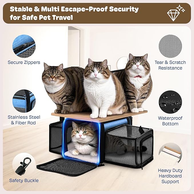 Top and 2 Sides Expandable Cat Carrier 18x11x11, TSA Airline Approved Dog Carriers for Small Dogs, Soft-Sided Pet Carrier with Self-Locking Zippers for Kitten,Rabbit, Puppy, Blue