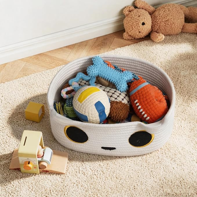 White Cat Toy Basket, Small Woven Cat Toy Storage Box with Cute Ears Handle Indoor, Cotton Rope Storage Bin with Embroidered Face for Home Decor, Pet Bed, Baby Nursery Kids Room Organization