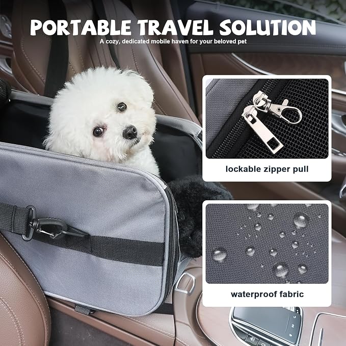 Center Console Dog Car Seat for Small Dogs,Dog Booster Car Seat with Safety Belt and Pockets,Portable Pet Armrest for Puppy Cat Under 13 lbs (Grey)