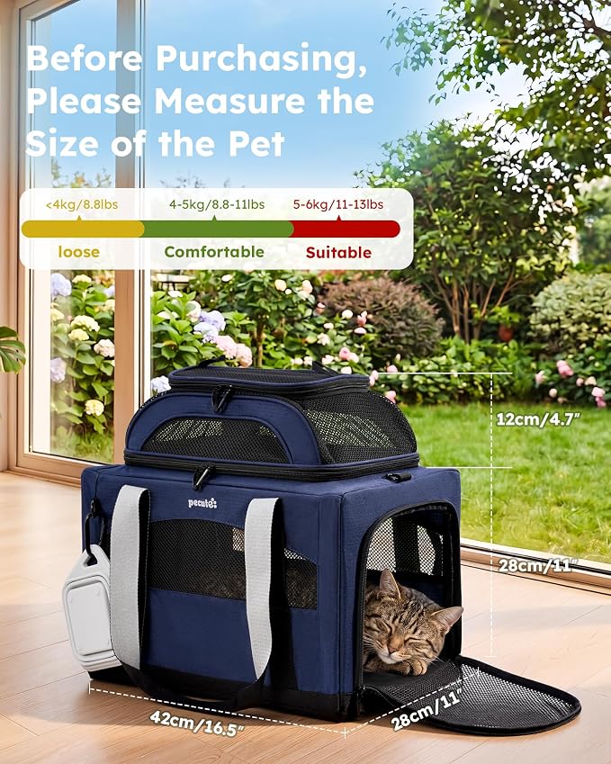 Pecute Top Expandable Cat Carrier Sturdy Pet Bag with 5mm Anti-Collapse Steel Frame, Soft Dog Carrier for Car Travel Vet Visits Outdoor Hammock,Foldable Travel Crate with Leakproof Pee Pad & Bowl,Blue