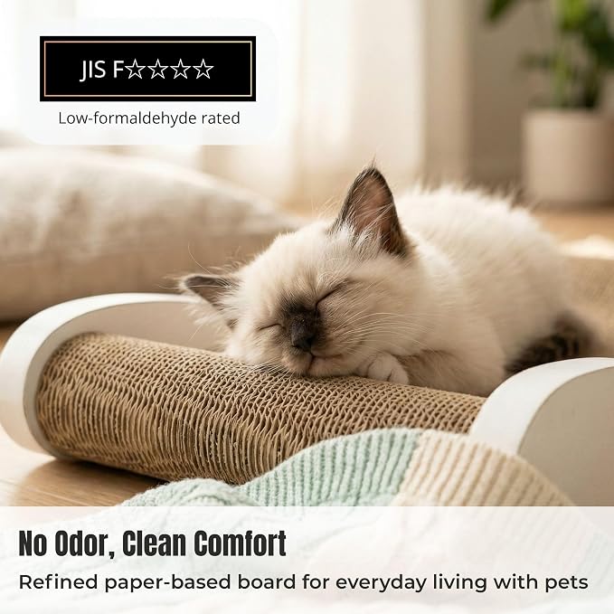 Claw Surfer Cat Bed - Cat Scratcher Bed & Lounge – Heavy Duty High-Density Cardboard, Lasts 5X Longer. Modern Curved Scratching Pad with 20mm White Frame. Non-Toxic, No Mess, White
