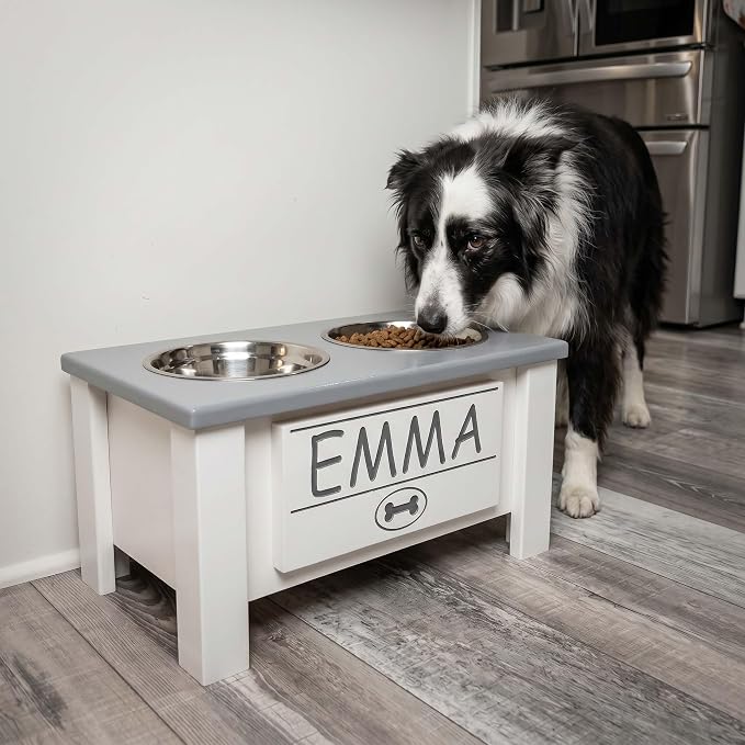 Elevated Dog Bowls, Personalized Raised Dog Bowl Stand for Medium Dogs | Farmhouse Style, Elevated Wood Stand, Storage Container, Stainless Steel Bowls, Raised Anti-Slip Feeder, Made in USA