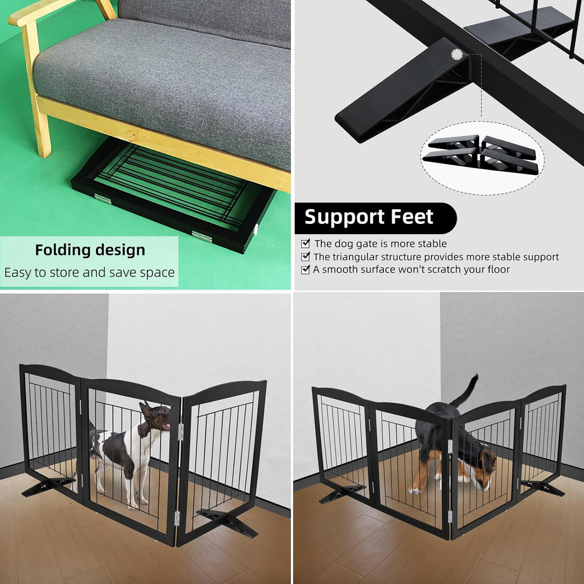 ZJSF Freestanding Dog Fence Indoor, Foldable Dog Gate for Doorways, Stairs or Hallways, Sturdy Wood Extra Wide Pet Gate with Support Feet for The House, Black, 24 "Height-3 Panels