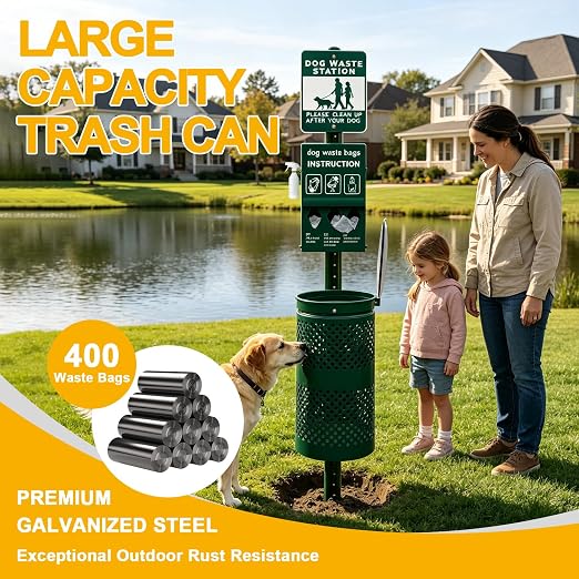 10-Gallon Galvanized Steel Dog Waste Station with Sign, Dog Poop Trash Can for Yard & Communities, Locking Dispenser & Waste Can Outdoor Pet Waste Disposal System