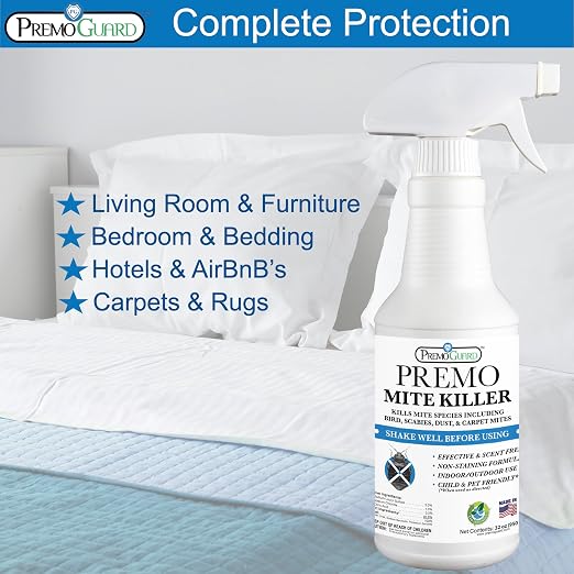 Premo Guard Natural Mite Spray – 16 oz Bottle – Plant Based Treatment for Dust, Spider, Carpet, Bird, Rat Mites – Safe for Families, Pet, Home, Bedding & Furniture When Used As Directed