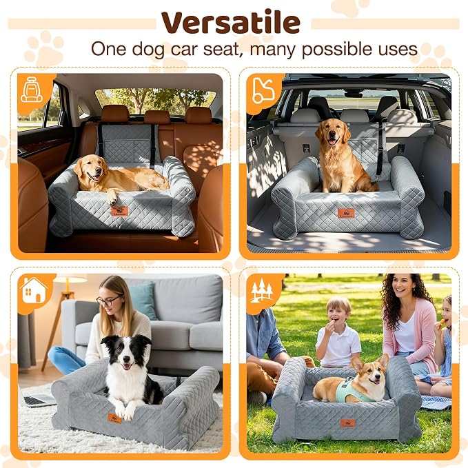 Dog Car Seat for Medium/Large Dogs up to 60 lbs, Pet Car Seat for Back, Memory Foam Dog Booster Seat with Thick Cushion, Detachable Washable Cover, Storage Pockets for SUV, Pick Up, Trunk, Grey