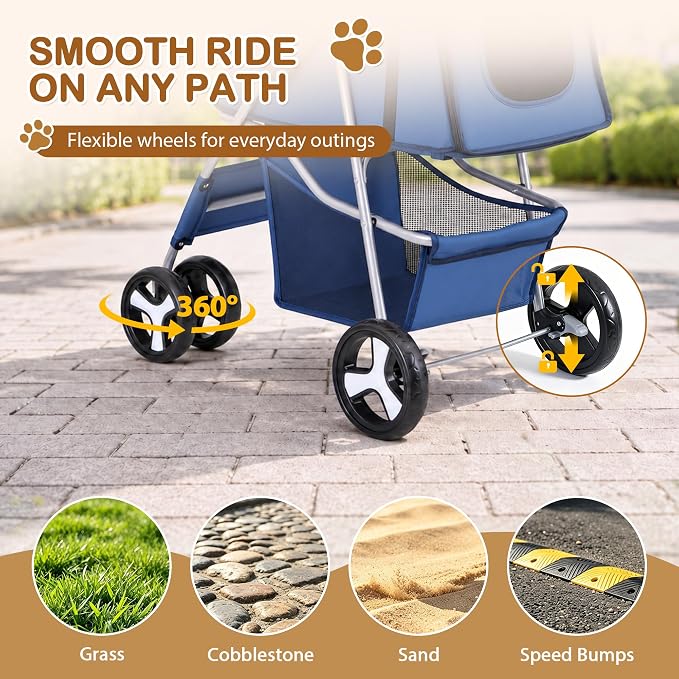 Pet Stroller 4 Wheels Dog Cat Stroller for Small Medium Dog Cats Carrier Jogger Travel Foldable Puppy with Storage Basket and Cup Holder (Navy Blue)