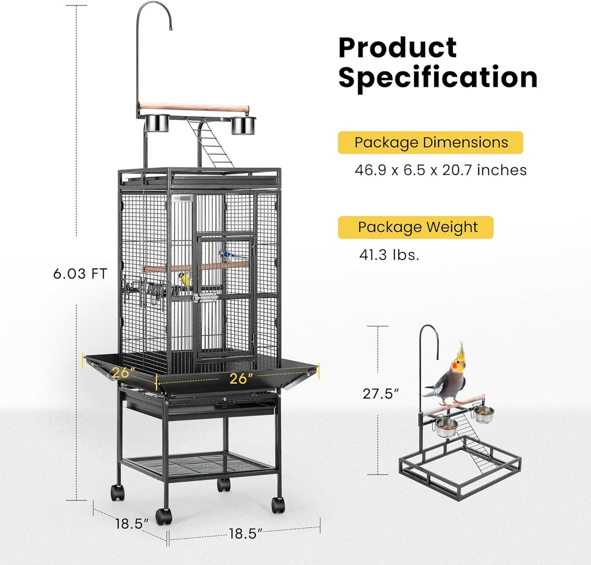 VIVOHOME 72 Inch Wrought Iron Large Bird Cage with Play Top and Stand for Parrots Lovebird Cockatiel Parakeets Black