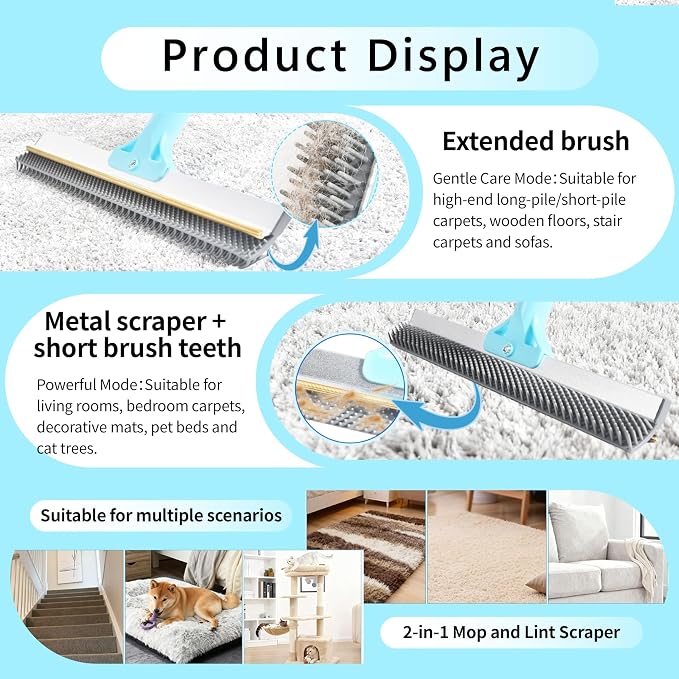 Lazyfeel Pet Hair Remover for Carpet & Upholstery, Adjustable Handle | Double-Sided Rubber Carpet Rake for Dog & Cat Fur. 4-Piece Kit: Rake, Mini Brush, Gap Scraper, Grooming Glove. Reusable.